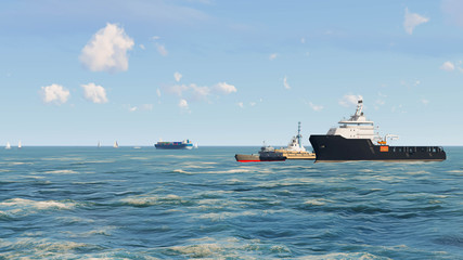 Ship in Ocean, Sea Ship, 3D Rendering