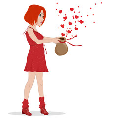 Girl holding a bag in her hands. Valentines flew. Vector art