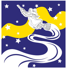 Simple line art drawing of flying witch, moon and stars. One continuous line drawing of flying with.
