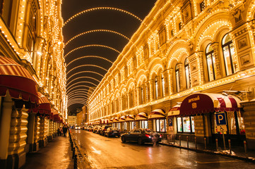 28.12.2019. Moscow.Russia. Night illumination of GUM Department store on Vetoshy alley.