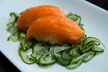 Salmon nigiri on a white plate, nigiri sushi,asian food, japanese cuisine