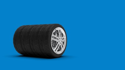 Car Black Wheel on Blue Color Background, 3D Rendering