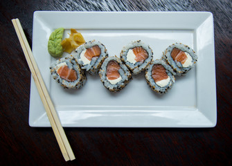 Uramaki Philadelphia Salmon and Cream Cheese	on a white plate, japanese food, top view, sushi, asian food, japanese cuisine