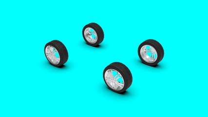 Car Wheel on Aqua Color Background, 3D Rendering