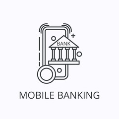 Smartphone and building thin line icon. Mobile banking concept. Outline vector illustration