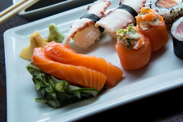 salmon with vegetables, japanese food on a plate, salmon with sunomonu, raw salmon, sliced ​​raw salmon, sliced ​​salmon, japanese food, tataki, asian food, japanese cuisine