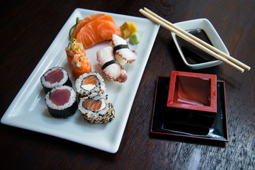 sushi on a white plate, asian food, japanese cuisine