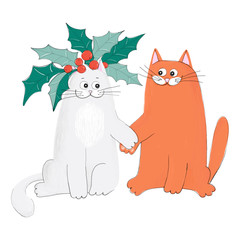Greeting card with happy cat couple staying together and smiling. Christmas cat's card. Hand-drawn style.  Cartoon couple embracing lovers of cats. Isolated on white background. Christmas cats