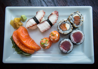 sushi on plate, asian food, japanese cuisine, top view