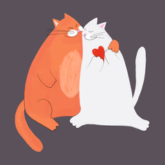 Greeting card with happy cat couple staying together and smiling. Christmas cat's card. Hand-drawn style.  Cartoon couple embracing lovers of cats. Isolated on white background. Christmas cats