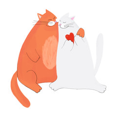 Greeting card with happy cat couple staying together and smiling. Christmas cat's card. Hand-drawn style.  Cartoon couple embracing lovers of cats. Isolated on white background. Christmas cats