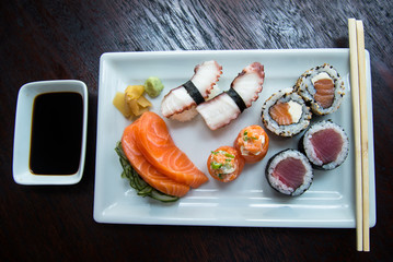 sushi on a plate, asian food, japanese cuisine, top view