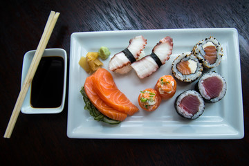 sushi on plate, asian food, japanese cuisine, top view