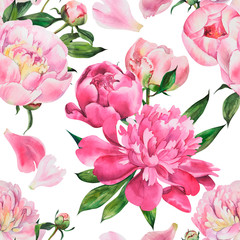 Seamless pattern with peonies, peony flowers on isolated white background, watercolor hand drawing. Fabric wallpaper print texture. Stock illustration.