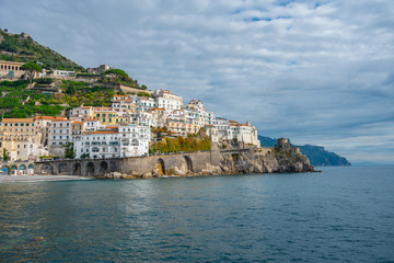 Fototapeta na wymiar Amalfi cityscape on coast of mediterranean sea in the morning, Italy.