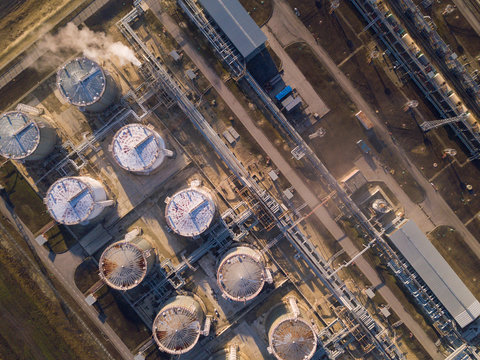 Aerial 4k top down shot of oil petroleum factory refinery.