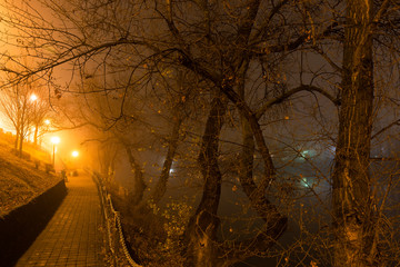 Thick Fog in the night Holesovice about River Vltava. Holesovice is the most cool Prague District, Czech Republic. © Kajano