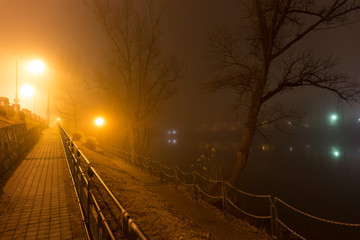 Thick Fog in the night Holesovice about River Vltava. Holesovice is the most cool Prague District, Czech Republic. © Kajano