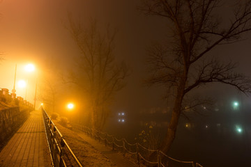 Thick Fog in the night Holesovice about River Vltava. Holesovice is the most cool Prague District, Czech Republic. © Kajano