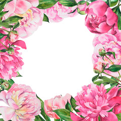 Frame with peonies, peony flowers on isolated white background, watercolor hand drawing. Stock illustration.