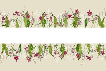 Adorable springtime background with Fern leaves, checkered lily and aquilegia, can be used as border or label