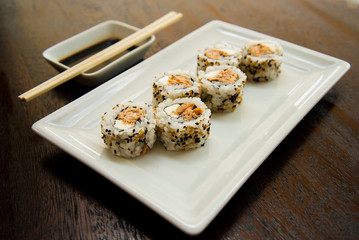 salmon uramaki japanese food	, asian food, japanese cuisine