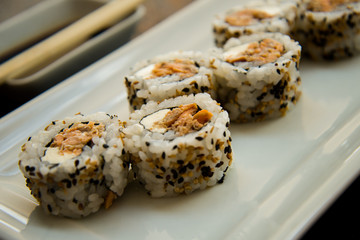 salmon uramaki japanese food	, asian food, japanese cuisine