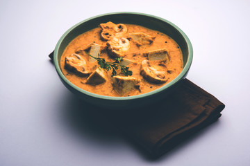 Mushroom Paneer curry or sabzi, served in a bowl. selective focus