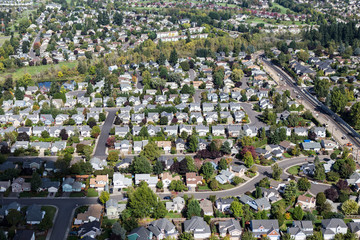 Aerial view of suburban homes, houses and streets near Portland, Oregon, USA.