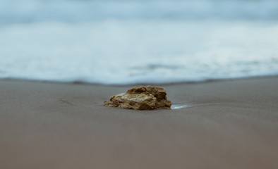 Piedra en la arena a punto de ser mojada por el mar