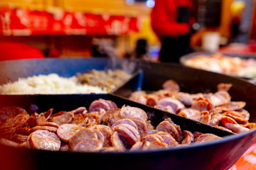 traditional sausages in Christmas market in Wroclaw, Poland