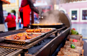 traditional sausages in Christmas market in Wroclaw, Poland