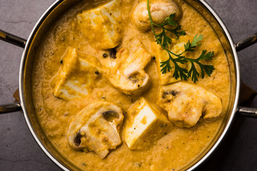 Mushroom Paneer curry or sabzi, served in a bowl. selective focus