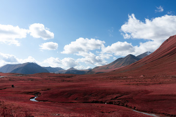 Fototapeta premium A panoramic view of Mount Kazbegi is a sleeping stratovolcano and one of the main mountains of the Caucasus, located on the border of the Kazbegi region of Georgia. In lush lava color. Design and crea
