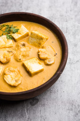 Mushroom Paneer curry or sabzi, served in a bowl. selective focus