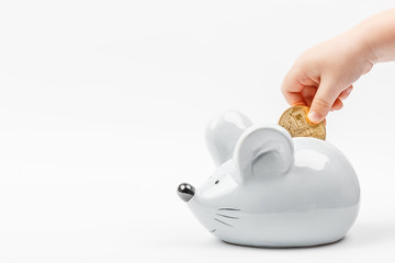 Kid Toddler's hand puts a bitcoin coin in a gray mouse or rat piggy bank on a white background with place for text.
