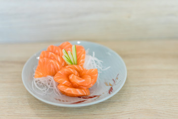 Japanese foods sashimi (raw sliced fish, Japan of raw fresh fish fillet (sashimi)  , Assorted Japanese sashimisalmon slice. 