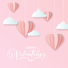 Valentines of craft paper design, contain pink hearts and clouds are holding by sting on top, soft pink background feel like fluffy in the air. Hand lettering text