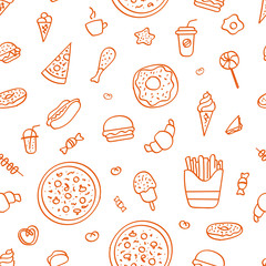 Seamless pattern. Fast food hand drawn set