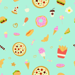 Seamless pattern. Fast food hand drawn set