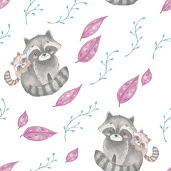 Seamless pattern with forest animals racoons