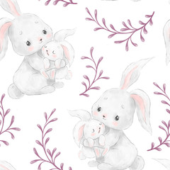 Seamless pattern with forest animals bunnies