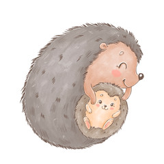 Cute cartoon hedgehogs. Mother and baby animals