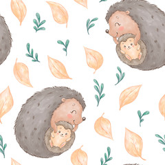 Seamless pattern with forest animals hedgehogs