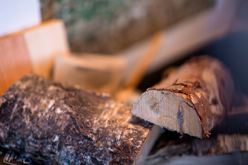 Ax carved firewood indoors