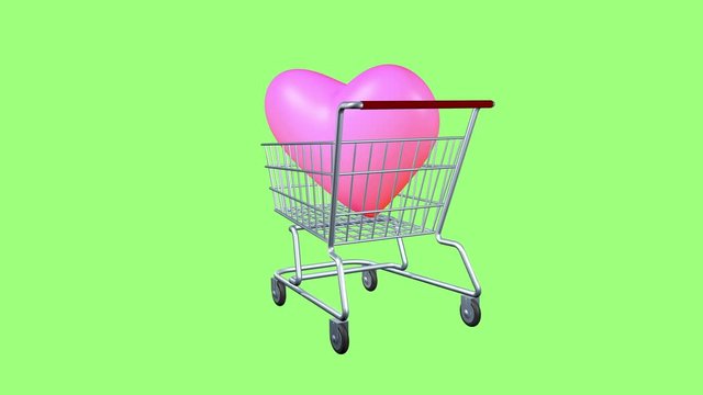 Virtual heart sign and grocery cart as a symbol of trade. Animation of selling and buying feelings of emotions or love. Green screen isolated. Happiness and kindness for money. Animation 3d icons.