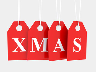 XMAS text word on red hanging labels