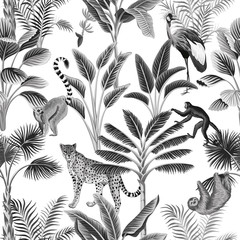Tropical vintage botanical landscape, palm tree, sloth, monkey, leopard and crane floral seamless pattern white background. Exotic black and white jungle animal wallpaper. © good_mood