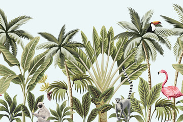Fototapety  Tropikalne zwierzęta vintage, Tukan, flaming, palmy, drzewo bananowe kwiatowy bezszwowe granica niebieskie tło. Tapeta egzotyczna dżungla.