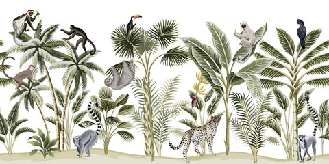 Tropical vintage botanical landscape, palm tree, banana tree, plant, sloth, monkey, leopard, lemur, parrot, toucan floral seamless pattern white background. Exotic green jungle animal wallpaper.